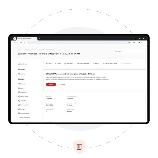 A device is showing an Android devices monitoring page. Behind the device is a grey solid circle and a dashed circle right outside it. One red shield icon with a trash can in the middle is below the device.