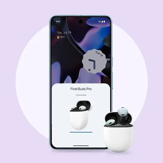 A phone screen shows a white overlay box titled, “Pixel Buds Pro” with the word “connected” beneath it. There’s a picture of the Pixel Buds Pro in the center of the box and a life-like picture of the Pixel Buds Pro at the lower right corner of the phone.