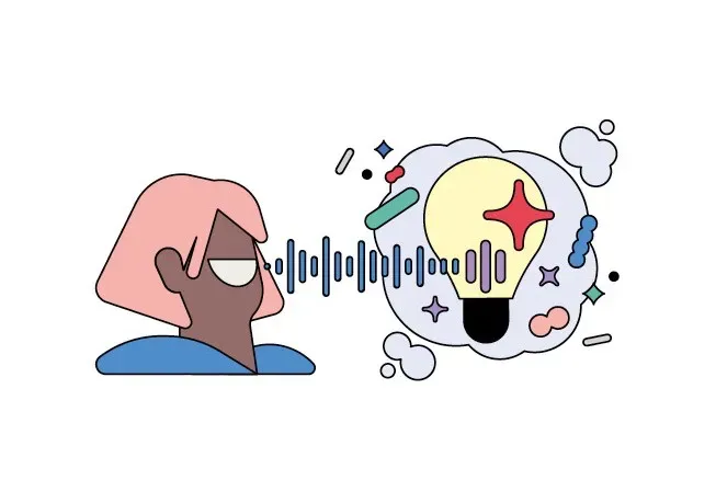 A person speaking, with their voice waves transforming into a lightbulb icon inside a cloud, symbolizing the generation of ideas through voice AI.