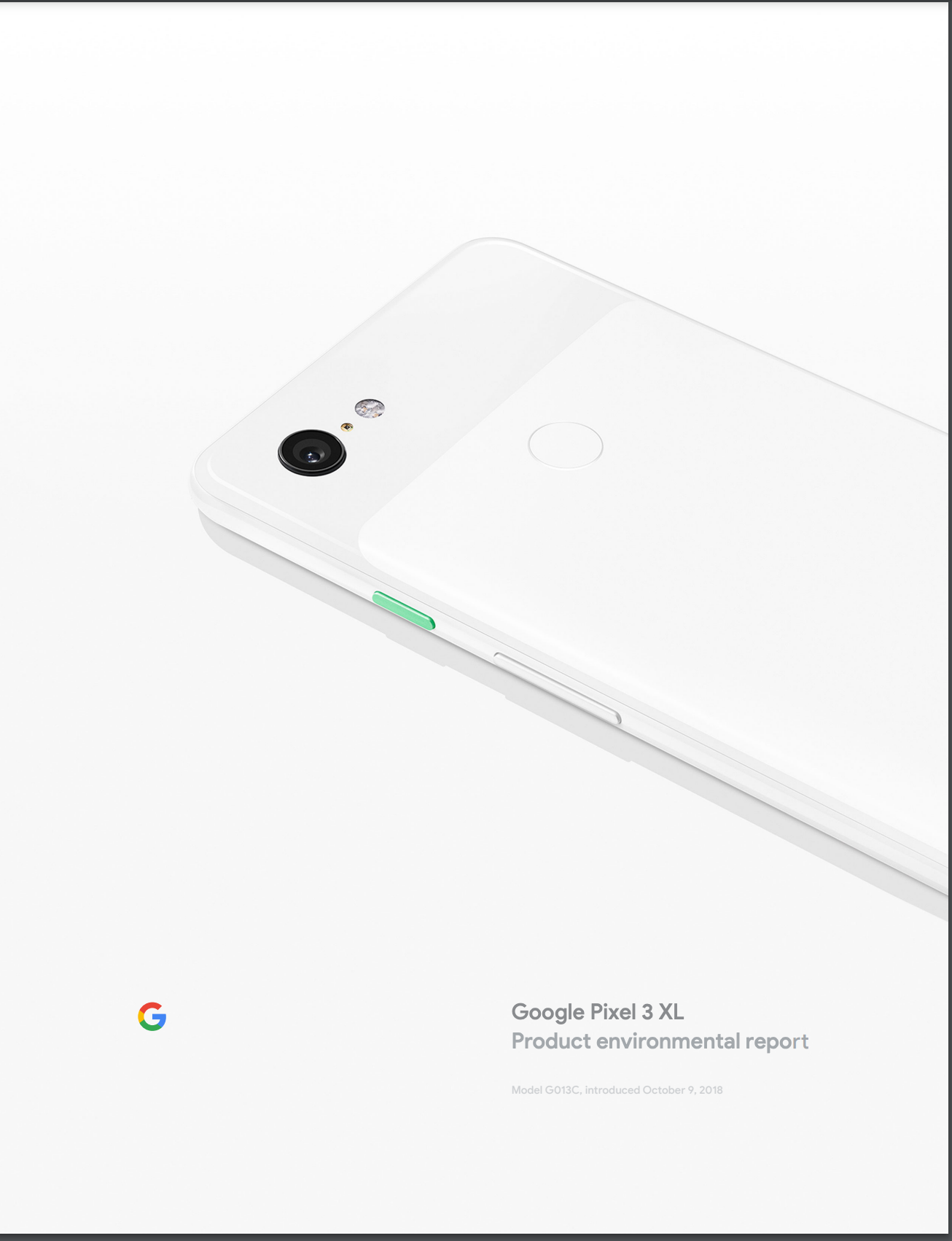 Cover image of the Google Pixel 3 XL Product Environmental Report