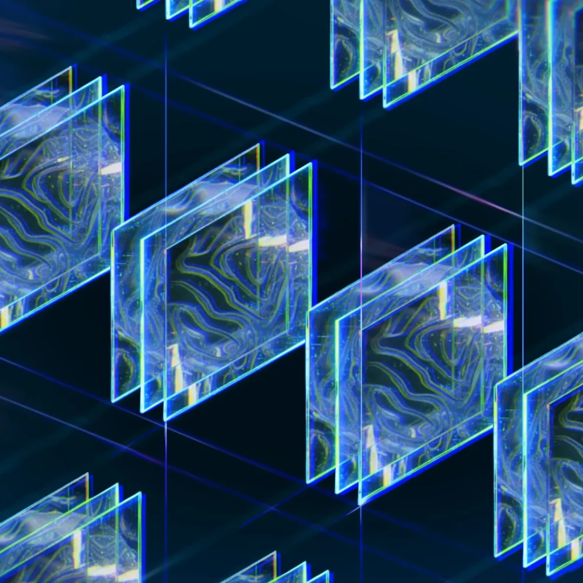 Several rectangles in lines diagonally across the image. Each rectangle has swirls.