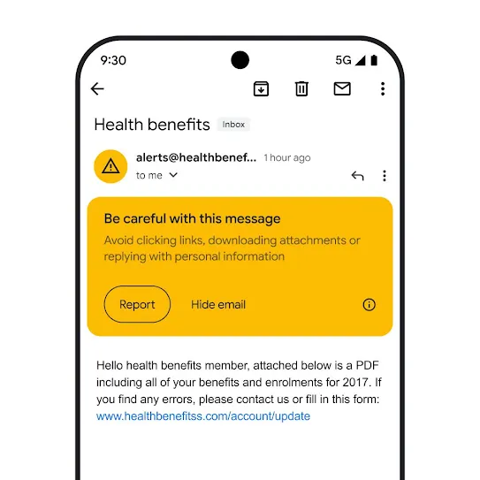 Visual of an email in Gmail on a smartphone screen, showing a security alert for a potential phishing attempt.
