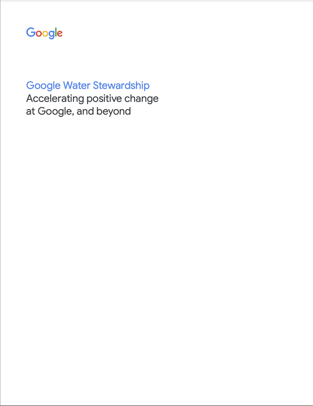 Cover image of a white paper titled: Google Water Stewardship: Accelerating positive change at Google, and beyond