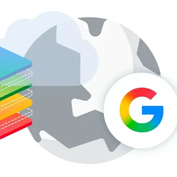 An abstract digital illustration featuring a grey stylized globe and a stack of colorful, layered rectangles in blue, green, yellow, and red. The circular Google "G" logo is positioned in the foreground.