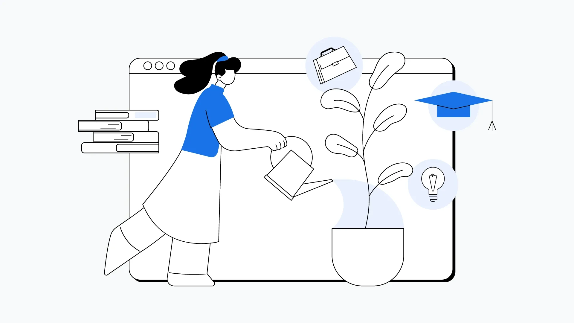 An illustrated image shows a person watering a plant, symbolizing career growth, with a briefcase, graduation cap, and lightbulb floating above it.