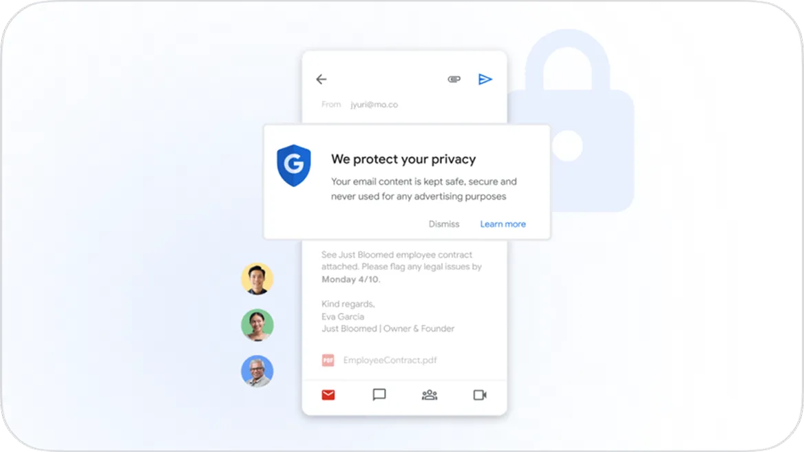 A user interface mockup of a mobile email client on a light gray background with a faint padlock graphic on the right. An overlay card in the center features a blue Google "G" shield icon and the message: "We protect your privacy. Your email content is kept safe, secure and never used for any advertising purposes." Behind the overlay, an email draft about an employee contract is visible, flanked by three profile avatars on the left margin.