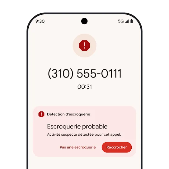 Image de l'écran d'accueil d'un smartphone Pixel affichant une notification indiquant qu'un appel indésirable a été automatiquement refusé.
