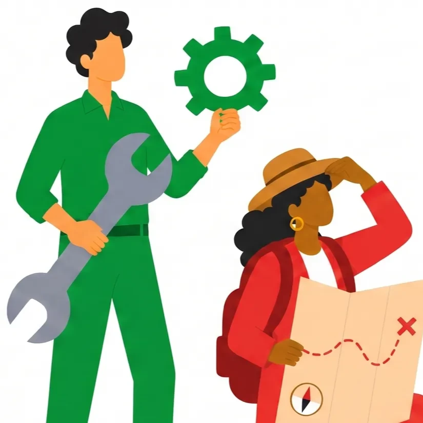 Two illustrated characters representing different professional roles, including a technician and explorer.