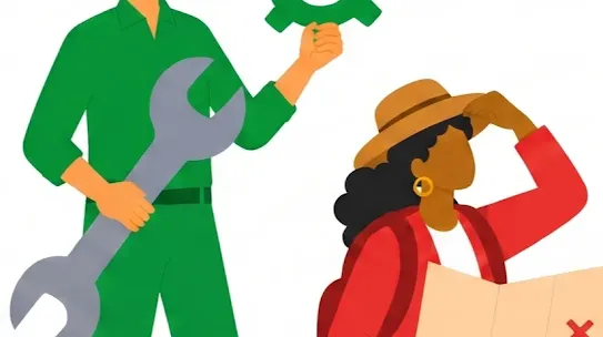 Two illustrated characters representing different professional roles, including a technician and explorer.
