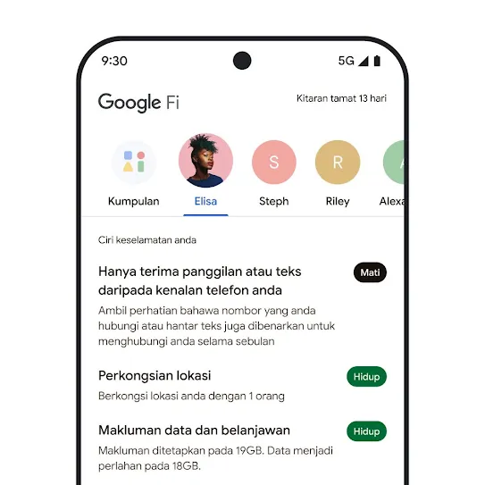 Visual skrin telefon pintar dengan Google Fi Wireless dibuka, memaparkan sebaris kenalan pada bahagian atas dan senarai ciri keselamatan pada bahagian bawah, termasuk perkongsian lokasi dan makluman data.