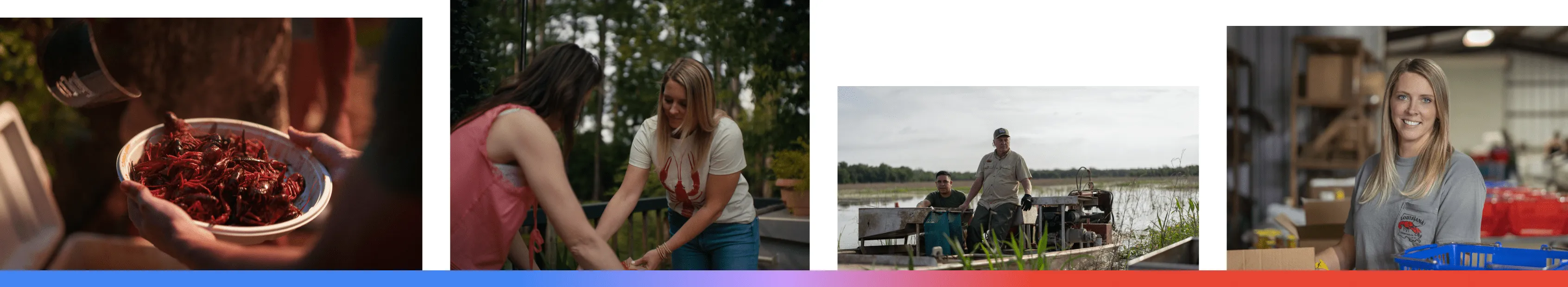 A composite of four images featuring Louisiana Crawfish Company in Natchitoches, showing a fresh bowl of boiled crawfish, CEO Avery Smith preparing for a family-style boil, the harvesting process in the bayou, and a portrait of Avery in the shipping warehouse where they process national orders.