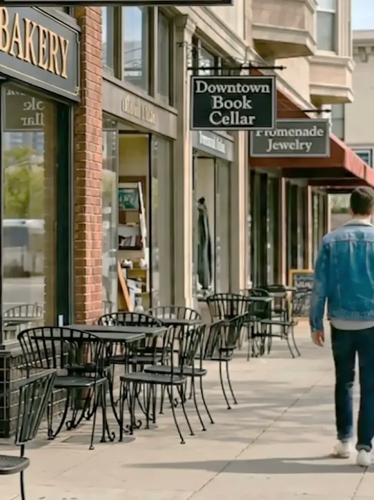 A person sits outside at a table in front of a bakery while two people are walking down a quaint street with different shops. A prompt asks for directions to a nearby coffee shop with good matcha. Gemini’s response pops up with directions to a coffee shop called Morning Grind. 