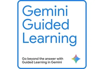 A clean graphic featuring the "Gemini Guided Learning" logo in blue text within a white rectangular border. Below the main heading, a tagline reads: "Go beyond the answer with Guided Learning in Gemini." A multi-colored Gemini sparkle icon is positioned in the bottom right corner.