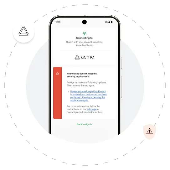 An Android screen shows an example of a security alert. Behind the phone is a grey solid circle and a dashed circle right outside it. Two security icons are scattered around the dashed circle.