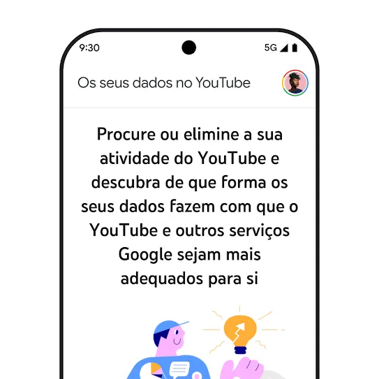 Imagem do ecrã de um smartphone com o YouTube aberto, a apresentar uma mensagem informativa sobre "Os seus dados no YouTube", incluindo detalhes sobre a navegação e a eliminação do histórico de atividade.