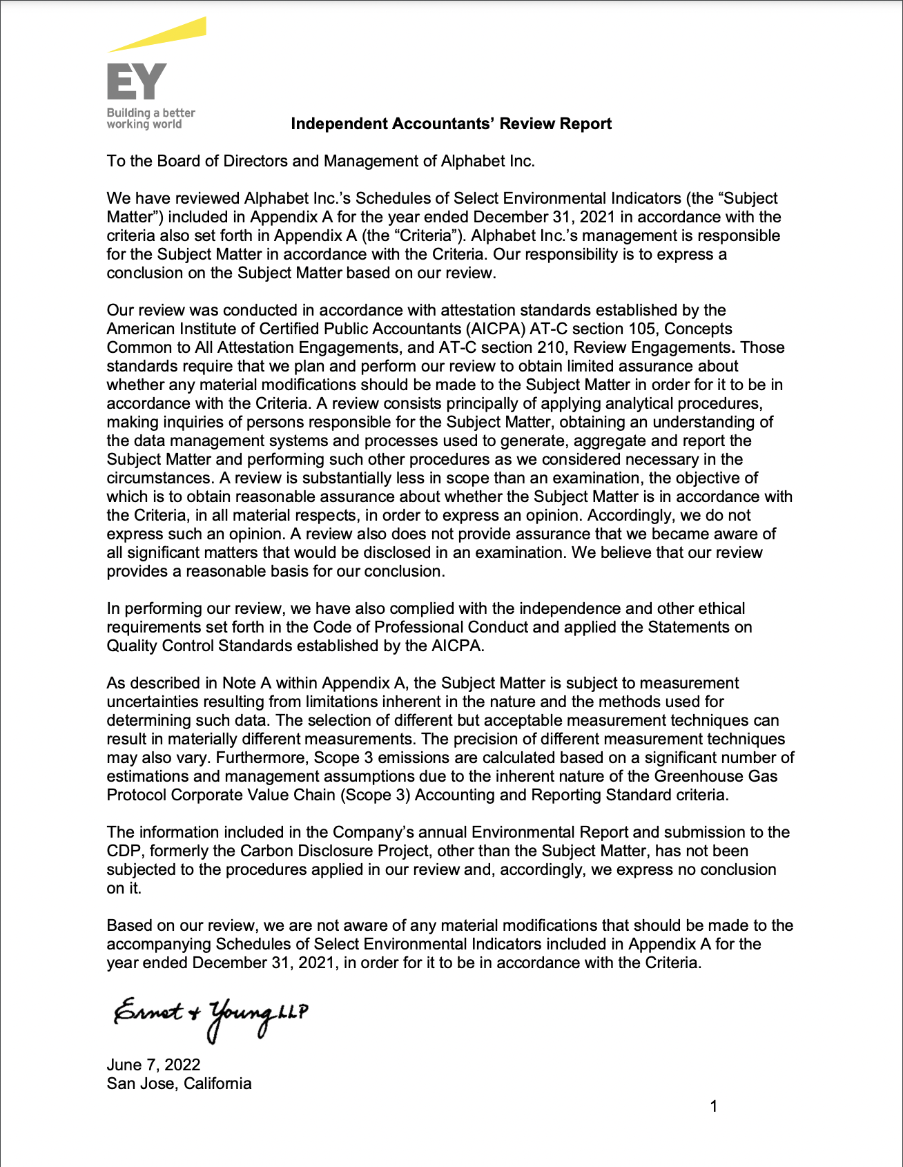 Cover image of Alphabet's 2022 (FY2021) Environmental Indicators Assurance Letter