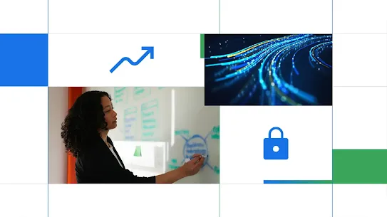A grid-style collage featuring a woman with dark curly hair writing on a glass whiteboard, a blue upward-trending arrow icon, a blue padlock security icon, and a dark image of glowing fiber optic data lines.