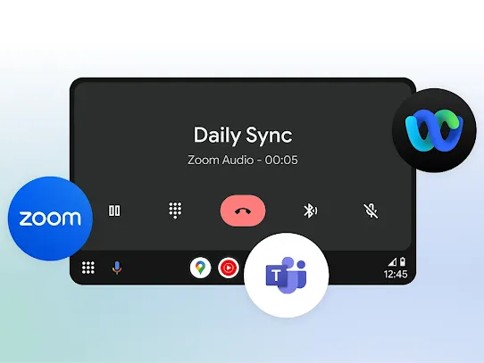 A car display screen shows a Zoom Auto app meeting. Three other app icons are placed around it.