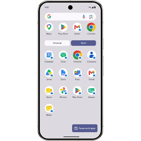 A smartphone screen displaying an Android app drawer with two tabs: "Personal" and "Work." The "Work" tab is selected, showing a grid of productivity apps like Google Calendar, Drive, Docs, and Gmail, each marked with a small blue briefcase icon to indicate a work profile. A "Pause work apps" button is visible at the bottom right.