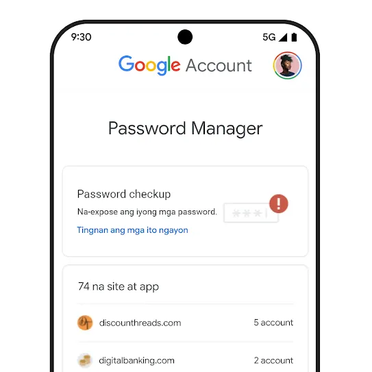 Larawan ng screen ng smartphone na nagpapakita ng Password checkup sa ibaba ng heading para sa Password Manager.