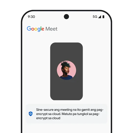 Visual ng screen ng smartphone na nakabukas ang Google Meet, na nagpapakita ng mensahe sa ibaba ng meeting na nagbibigay ng impormasyon tungkol sa naka-encrypt sa cloud.