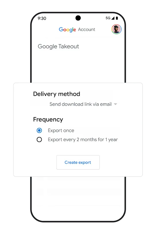 Phone graphic with data portability options UI.