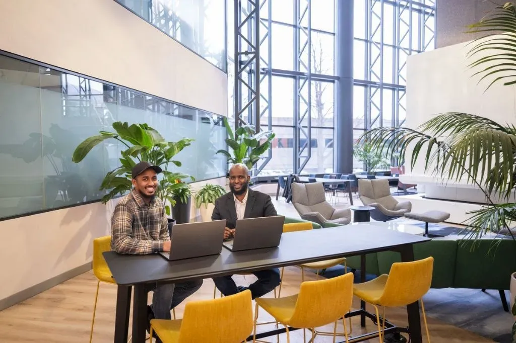 The two male founders of Ilmiya sitting at a desk with their laptops