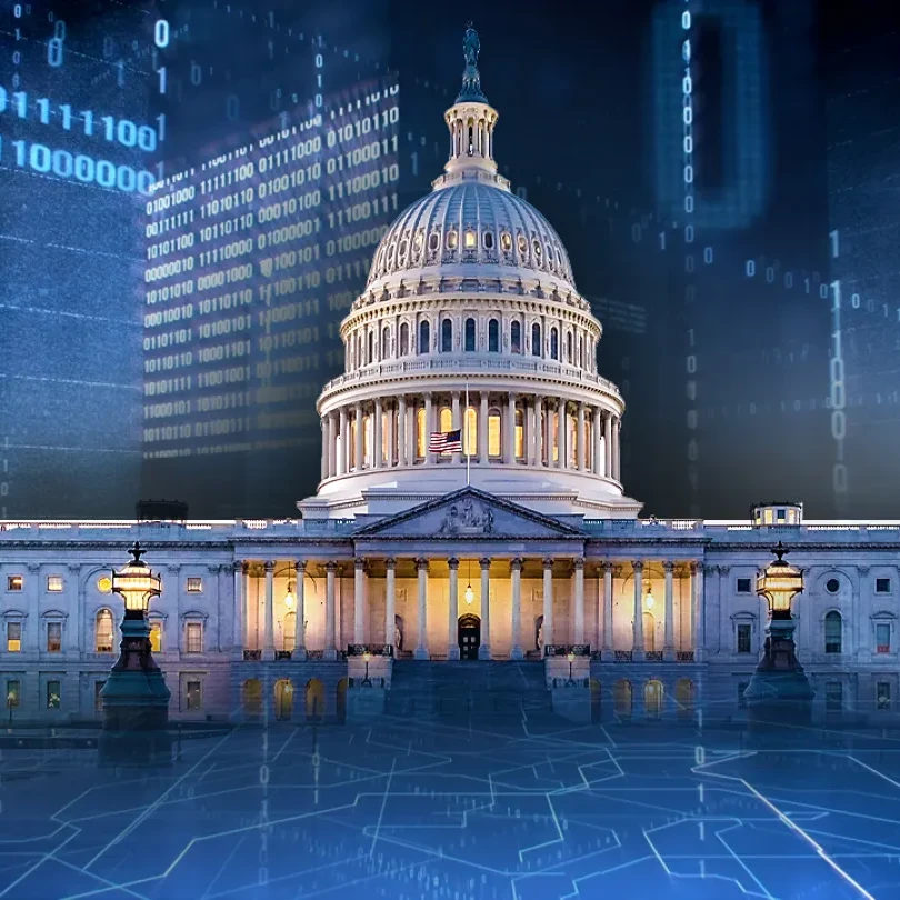 A graphic of the U.S. Capitol building with a digital network represented in the background, possibly suggesting that the two are linked