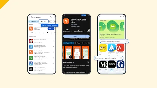 Three phone screens show different ways users can discover widgets when browsing on Google Play
