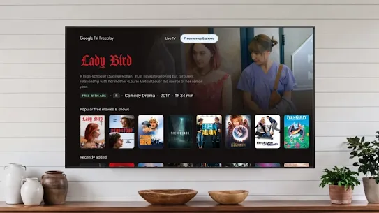 Image of the “Free movies & shows” tab on Google TV Freeplay.