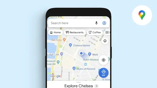 An Android phone showing a Google Maps screen of Chelsea, New York. The Google Maps logo is shown.