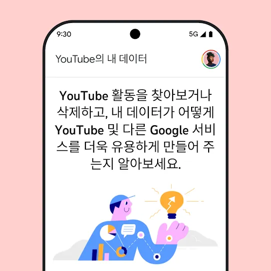 YouTube가 열려 있는 스마트폰 화면의 이미지로, 탐색 및 활동 기록 삭제를 비롯해 'YouTube의 내 데이터'에 관한 정보 메시지가 표시되어 있습니다.