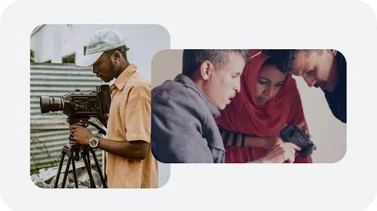 An image graphic featuring an outdoor camera operator alongside a group of creative professionals collaborating during a photography workshop.