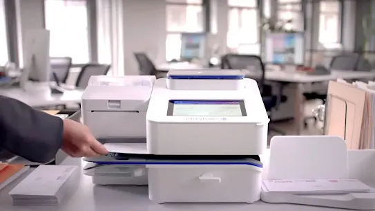 A person an envelope into a white Pitney Bowes digital postage meter and mailing machine in an office.