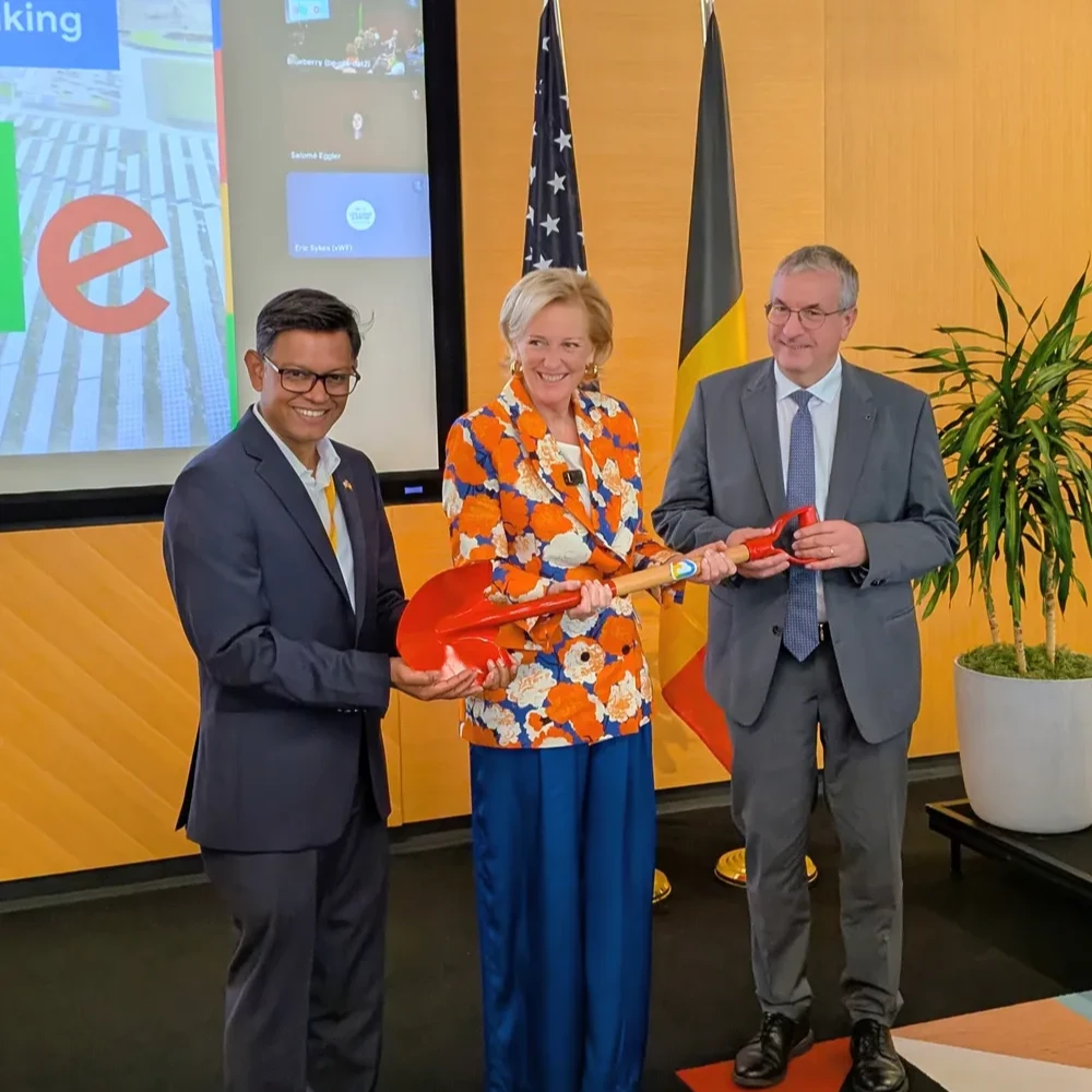 Photograph of the 3 people Bikash Koley, VP, Google Global Infrastructure, HRH Princess Astrid of Belgium, and Pierre-Yves Jeholet