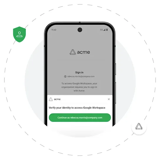 An Android screen shows a verification pop-up example Behind the phone is a grey solid circle and a dashed circle right outside it. Two security icons are scattered around the dashed circle.