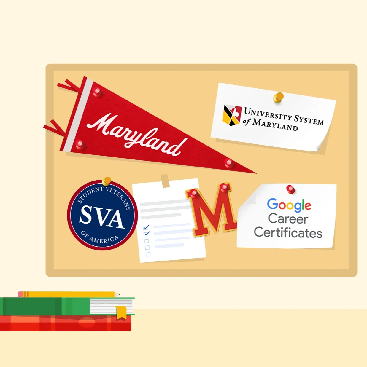 An illustration of a board with a Maryland pennant pinned to it, and a paper reading Google Career Certificates