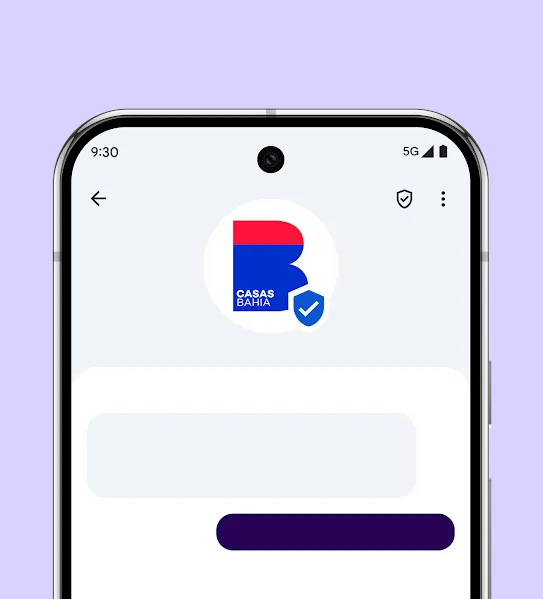 A smartphone screen shows a verified chat with the Brazilian retail chain Casas Bahia logo and a blue checkmark.
