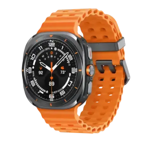 A smartwatch with a black and white screen and orange band. The watch is positioned so the face and clasp are visible.