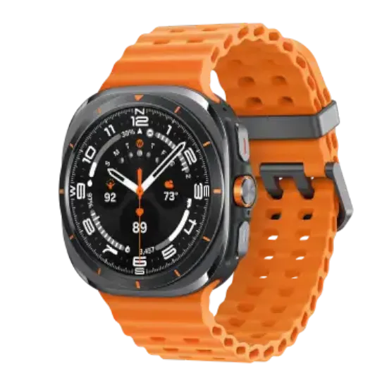A smartwatch with a black and white screen and orange band. The watch is positioned so the face and clasp are visible.