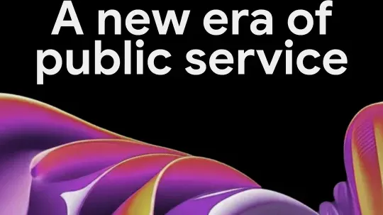 A graphic with a black background featuring the text "Google Public Sector" and "A new era of public service." The bottom of the image is filled with a flowing, 3D abstract wave in vibrant shades of purple, pink, and gold, representing a year of digital transformation and mission impact.