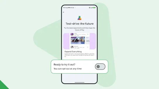 A phone screen showcases the Play Labs page in the Play Store, including an experimental feature called "Expand Everything" that a user can opt in to testing.