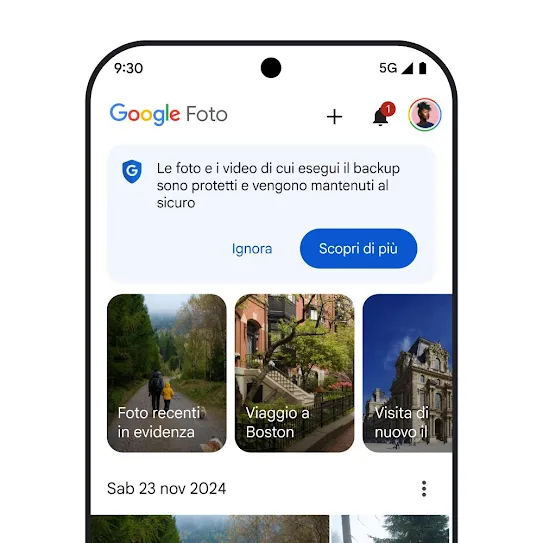 Immagine dello schermo di uno smartphone con Google Foto aperto, che mostra un messaggio di sicurezza in cui si legge "Le foto e i video di cui esegui il backup sono protetti e vengono mantenuti al sicuro" con un link per saperne di più.