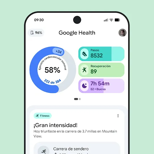 Imagen de la pantalla de un smartphone con la app de Google Health abierta, que muestra el resumen de un entrenamiento.