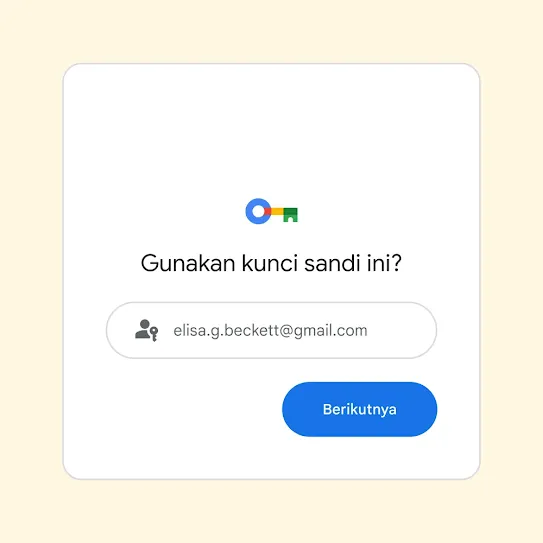Antarmuka pengguna untuk dialog login yang menanyakan “Gunakan kunci sandi ini?” dan tombol Berikutnya.