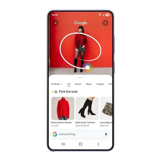 An Android phone screen shows an outfit being circled with a search result of each piece of the outfit at the bottom of the screen. 