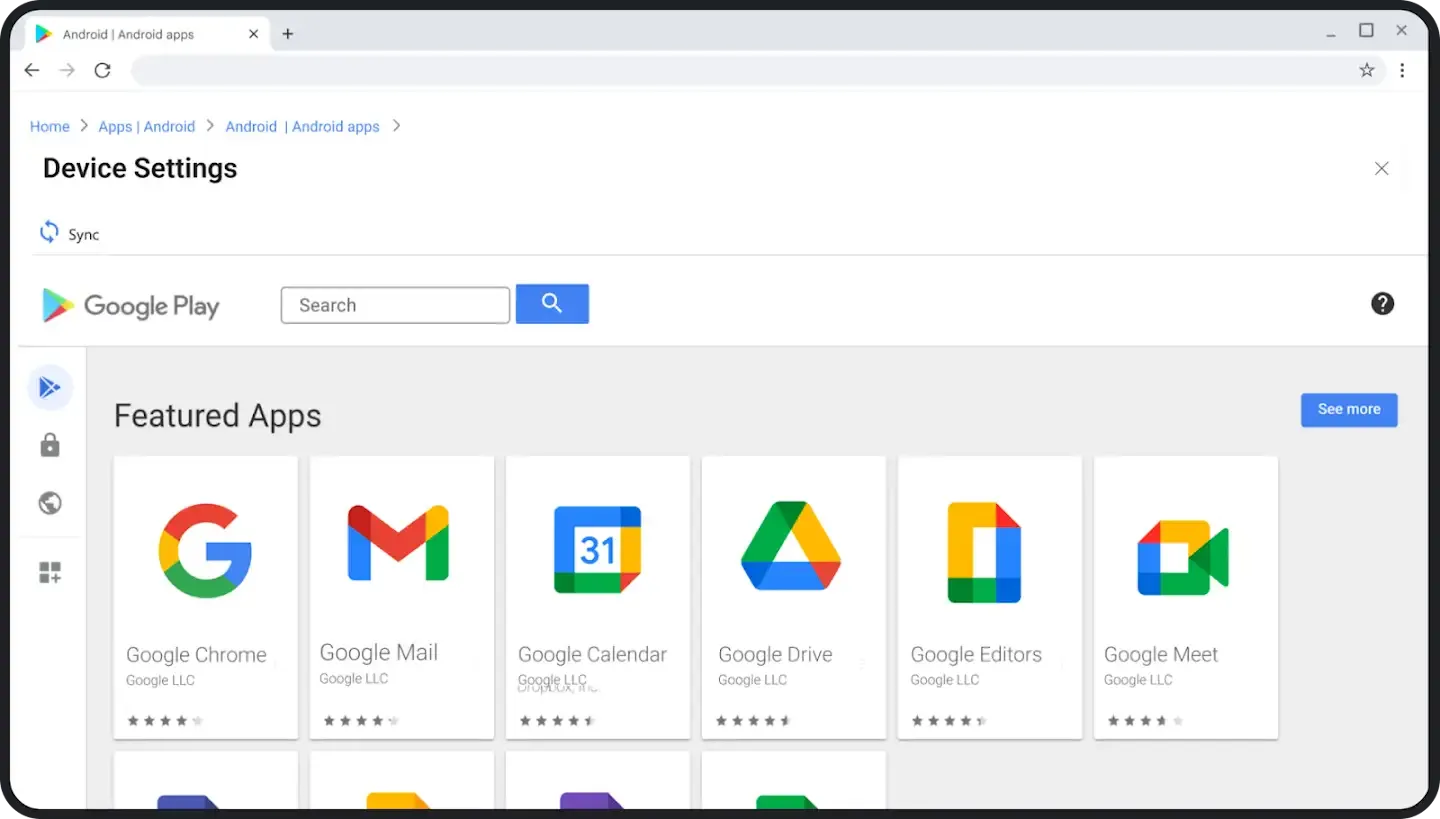 A screenshot of a web browser displaying the Google Play store under a "Device Settings" heading. The page features a "Featured Apps" section with large icons and star ratings for various Google services, including Google Chrome, Google Mail, Google Calendar, Google Drive, Google Editors, and Google Meet. A search bar is located at the top next to the Google Play logo, and a sidebar on the left contains navigation icons for apps, security, and world settings.