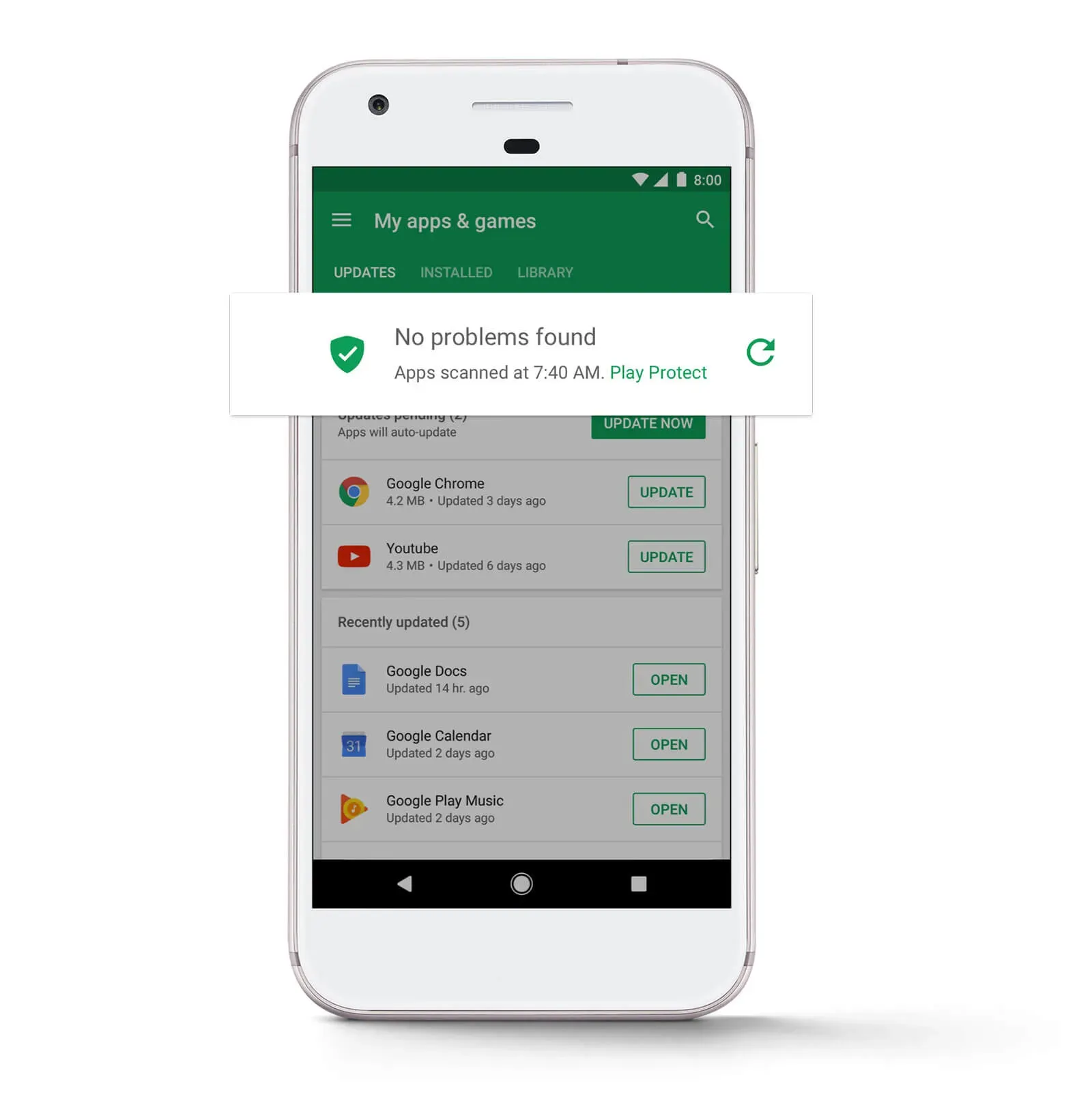 A smartphone displaying the Google Play Store screen with a green 'No problems found' Play Protect notification.