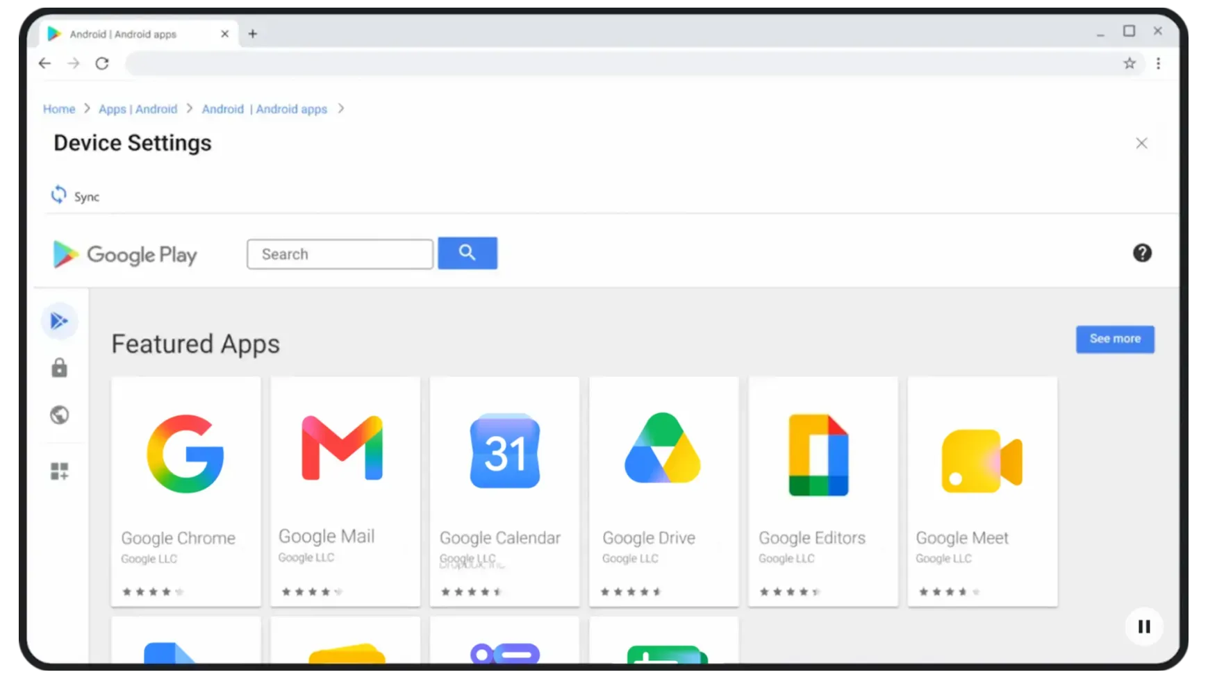 A screenshot of a web browser displaying the Google Play store under a "Device Settings" heading. The page features a "Featured Apps" section with large icons and star ratings for various Google services, including Google Chrome, Google Mail, Google Calendar, Google Drive, Google Editors, and Google Meet. A search bar is located at the top next to the Google Play logo, and a sidebar on the left contains navigation icons for apps, security, and world settings.