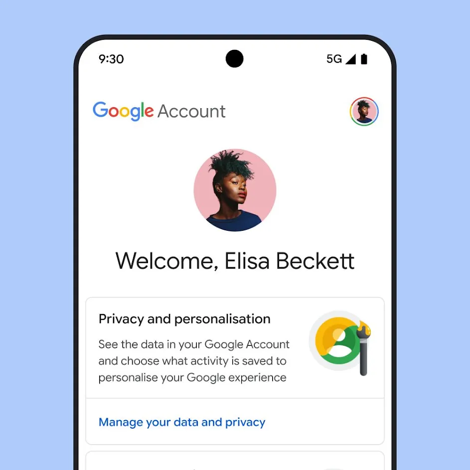 Image of Google My Account UI, including messaging about privacy and personalisation, and a link to manage your data and privacy.